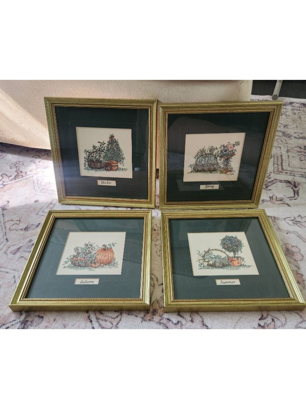 Mary Hughes 4 Seasons Print/Hand Water Color Gold Frame/Green Matte